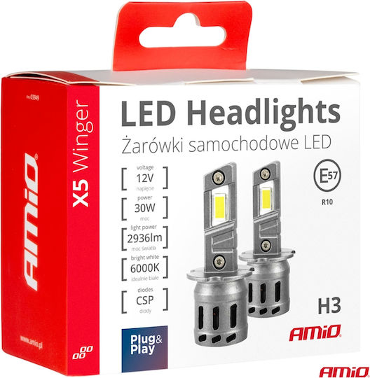AMiO Крушки За Автомобил H3 Canbus LED 6000K Хладно Бели 12V 30W 2 Броя