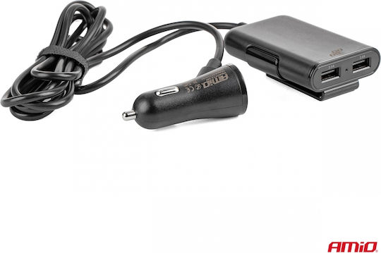 AMiO Încărcător Auto 4.8A cu Porturi: 4xUSB împreună cu Cablu Integrat Negru Culoare