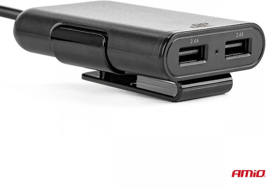 AMiO Încărcător Auto 4.8A cu Porturi: 4xUSB împreună cu Cablu Integrat Negru Culoare