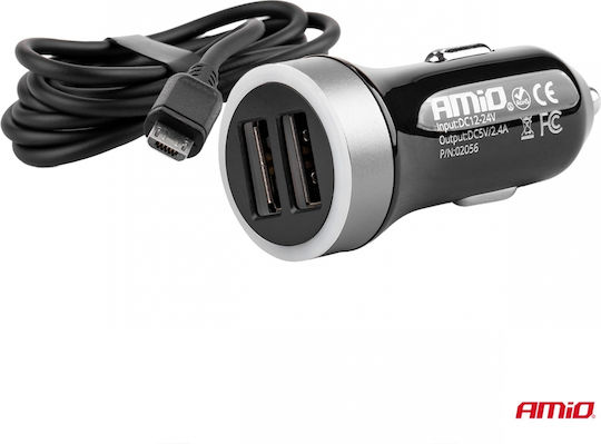 AMiO Pch Pro01 2x Micro Φορτιστής Αυτοκινήτου 2.4A Γρήγορης Φόρτισης με Θύρες: 2xUSB Μαύρο Χρώμα