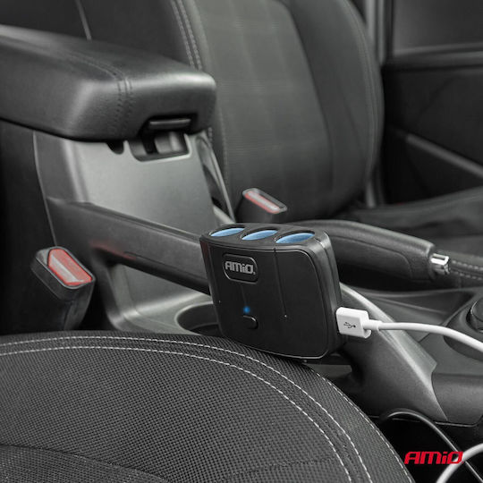 AMiO Φορτιστής Αυτοκινήτου 100W με Θύρες: 2xUSB 3xΑναπτήρα μαζί με Καλώδιο Ενσωματωμένο Μαύρο Χρώμα