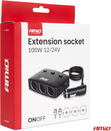 AMiO Car Charger 100W with Ports: 2xUSB 3xLighter with Cable Embedded Black Color