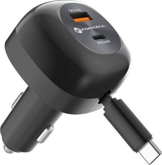 Forcell F-energy Auto-Ladegerät 75W 3A Schnellladung mit Anschlüssen: 1xUSB 1xType-C mit Kabel Typ-C,TC-TC Schwarz Farbe
