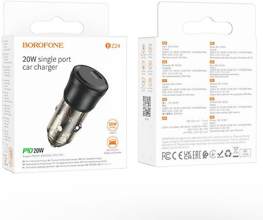 Borofone Borofone Handy-Autoladegerät 20W Schnellladen mit einer Buchse 1xType-C Schwarz Farbe