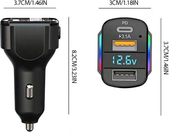 Car Charger 36W 3.1A with Ports 2xUSB 1xType-C with Cable Lightning Type-C mini-USB Black Colour