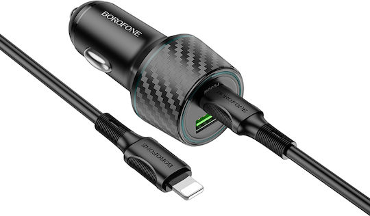 Borofone Автомобилен Зарядно Устройство 48W с Портове 1xUSB-A 1xType-C с Кабел Lightning Черен Цвят
