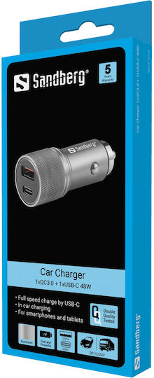 Sandberg Sandberg Autoladegerät 48W mit Anschlüssen: 1xUSB 1xType-C Silber Farbe