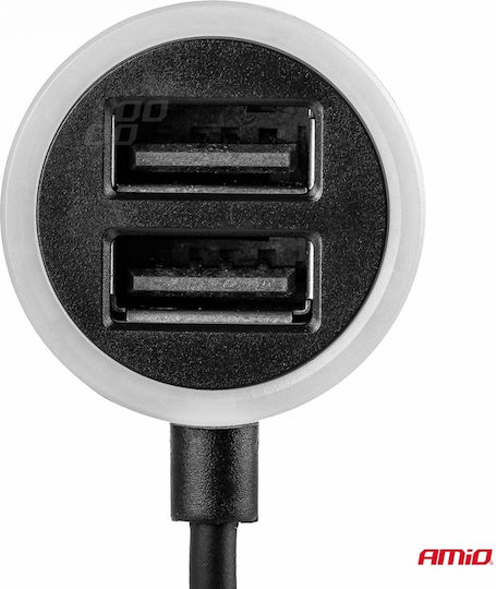 AMiO Φορτιστής Αυτοκινήτου 2.4A με Θύρες: 2xUSB-A μαζί με Καλώδιο Type-C Μαύρο Χρώμα