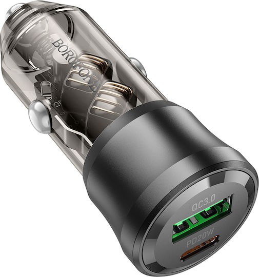 Borofone Auto-Ladegerät 38W 3A mit Anschlüssen: 1xUSB 1xType-C mit Kabel Typ-C,TC-TC Schwarz Farbe