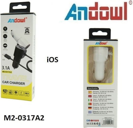 Andowl Travel Car Charger Car Charger with one Port: 1xUSB with Cable Lightning Black Color