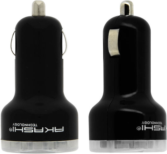 Akashi Dual Car charger 2.4A Φορτιστής Αυτοκινήτου 2.4A με Θύρες: 2xUSB Μαύρο Χρώμα