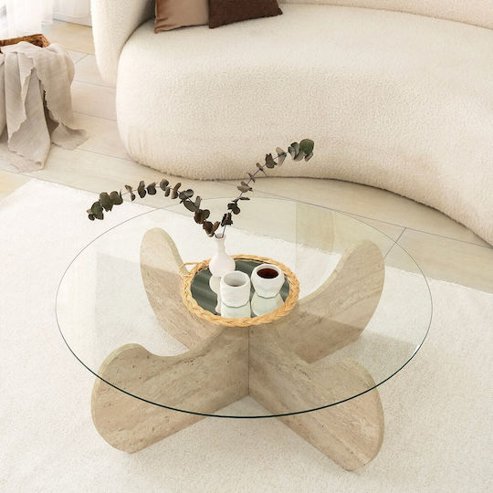 Rundes Zentral Kaffeetisch Himalayas Glas Travertin Beige M90xB90xH30cm