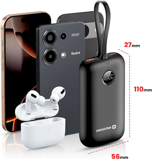 Swissten Voltbox Power Bank 10000mAh 35W με Θύρα USB-A και Θύρα USB-C Power Delivery Μαύρο