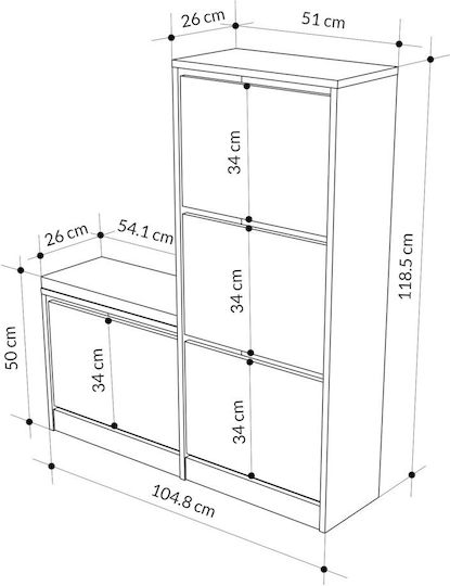 Dude Wooden Shoe Cabinet Beige with Tilting Shelves L105xW26xH118.5cm