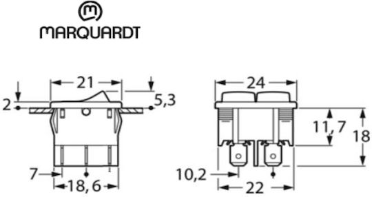 Rocker Switch 2 X On-On Two Single Pole DPST 6 Pin 6A/250VAC Opening 18.6x22x18mm Marquardt 1806.1202