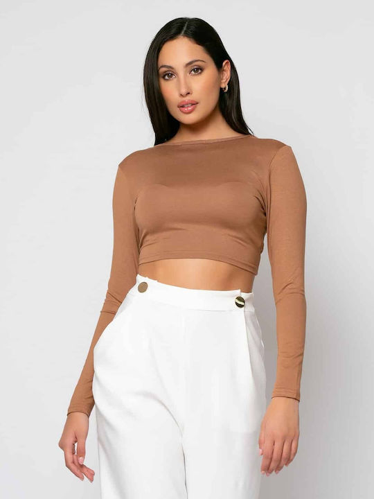 Damen Crop Top Langarm Camel