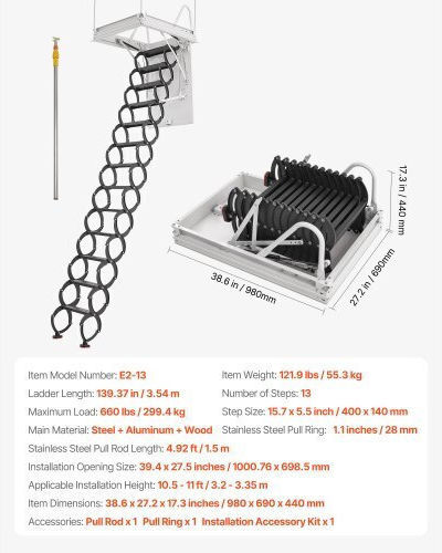 Vevor Steel Attic Ladder Ceiling-mounted Attic Stairs 10.5 11 Ft Ceilings