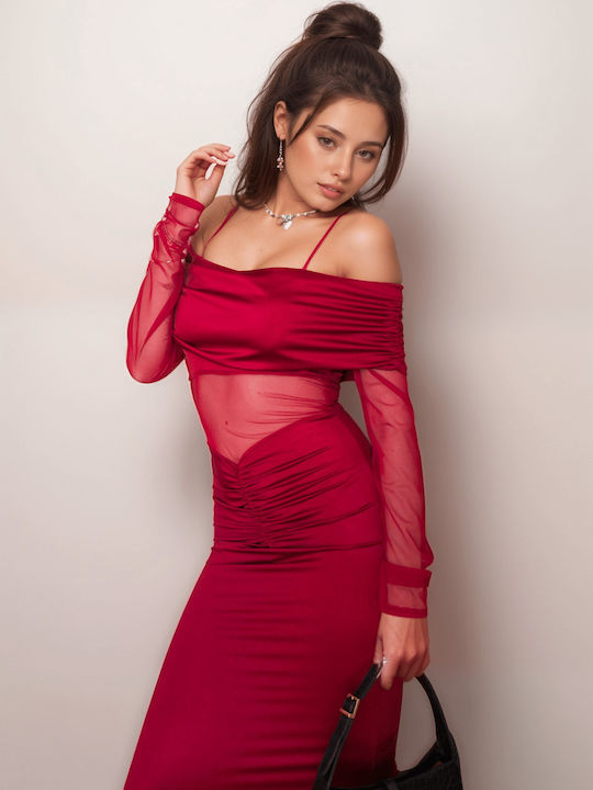 Summer Maxi Evening Dress with Mesh Burgundy