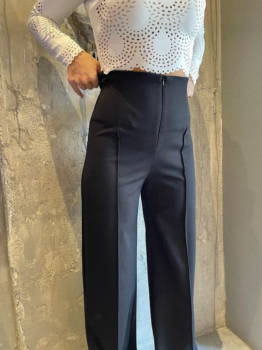 Damen Hoch tailliert Stoff Hose Schlaghose Black