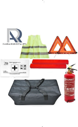 Kit de siguranță auto aprobat constând într-un kit de prim ajutor, extinctor de 1 kg, manometru, 2 triunghiuri reflectorizante, vestă reflectorizantă, geantă