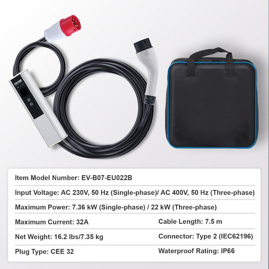 Vevor Electric Car Single Phase Charging Station Cable 7.5m Type 2 - Type 1 OGBXC22KWWIFIBZL1V2