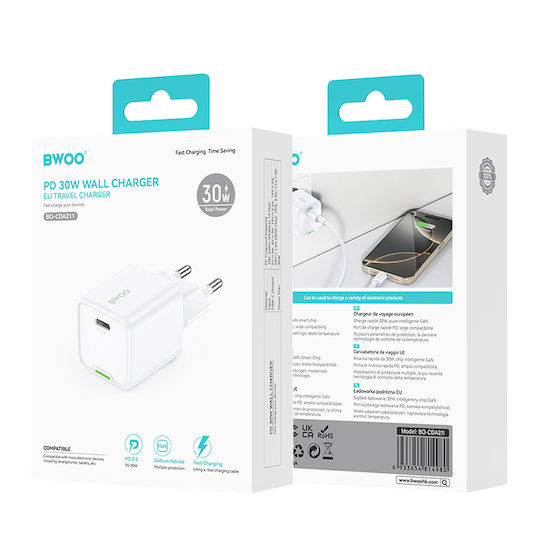 BWOO Φορτιστής Χωρίς Καλώδιο GaN με Θύρα USB-C 30W Power Delivery Λευκός (GaN)