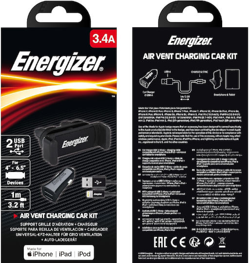 Energizer Car Charger 3.4A with one Port: 1xUSB with Cable Lightning Black Color
