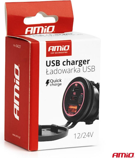 AMiO Зарядно за кола Бързо Зареждане с Портове: 1xUSB 2xType-C Черен Цвят