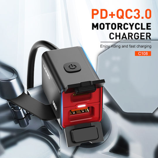 Ldnio Încărcător pentru Motocicletă cu Porturi: 1xUSB & 1xType-C