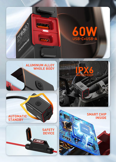 Ldnio Încărcător pentru Motocicletă cu Porturi: 1xUSB & 1xType-C
