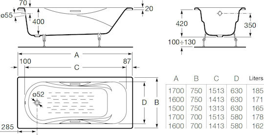 Roca Malibu RDS16075 Μπανιέρα Μαντεμένια 160x75cm Roca Malibu RDS16075 Μπανιέρα Μαντεμένια 160x75cm