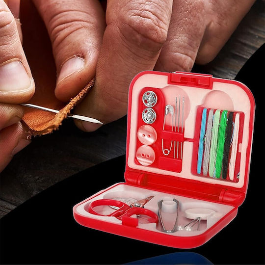 Travel Sewing Set Plastic Red Box 15 Pieces 21x10.5x1.5cm