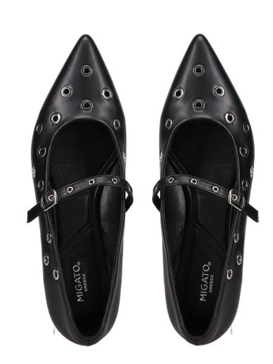 Synthetic Leather Pointy Ballerinas With strap Black
