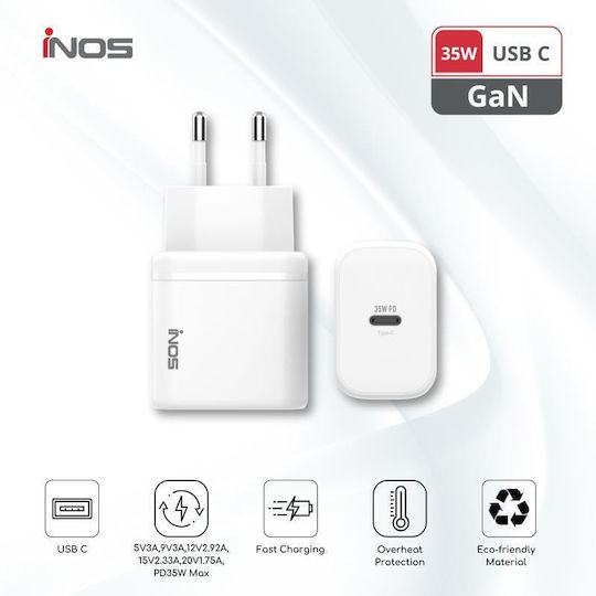 iNOS Charger Without Cable GaN with USB-C Port 35W Power Delivery / Quick Charge 3.0 Whites (A119)
