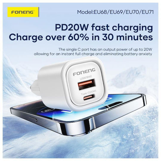 Foneng Charger Without Cable GaN with USB-A Port and USB-C Port 30W Power Delivery Whites (EU71)