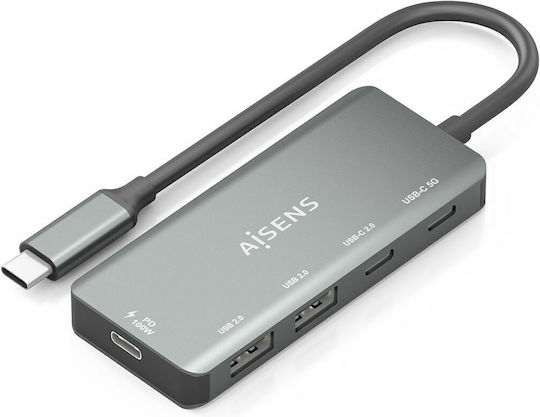 Aisens USB Хъб 4 Порта USB 2.0 с USB-C Интерфейс Ethernet Сив