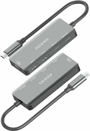 Aisens USB Хъб 4 Порта USB 2.0 с USB-C Интерфейс Ethernet Сив
