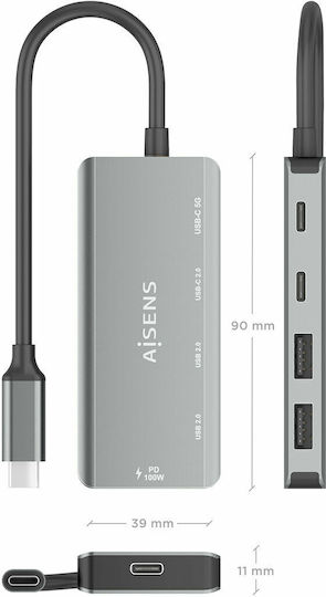 Aisens USB Хъб 4 Порта USB 2.0 с USB-C Интерфейс Ethernet Сив