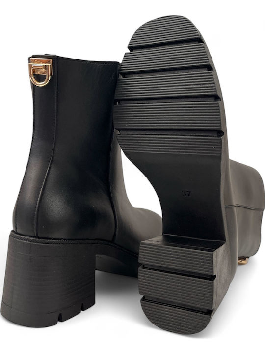 Leder Damen Stiefeletten mit Mittelhohem Absatz Schwarz