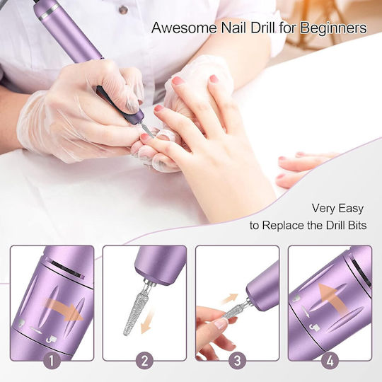 Portable Nail Drill Battery 35W Purple with 30000 Rotations per Minute