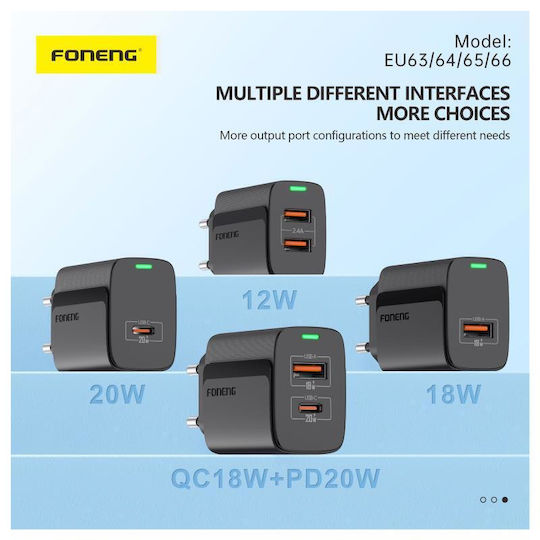 Foneng Φορτιστής με 2 Θύρες USB-A και Καλώδιο USB-C 12W Λευκός (EU63)