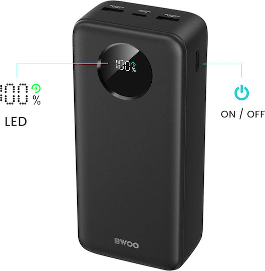 BWOO BO-P64 Power Bank 30000mAh 22.5W με 2 Θύρες USB-A και Θύρα USB-C Μαύρο