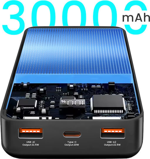 BWOO BO-P64 Power Bank 30000mAh 22.5W με 2 Θύρες USB-A και Θύρα USB-C Μαύρο