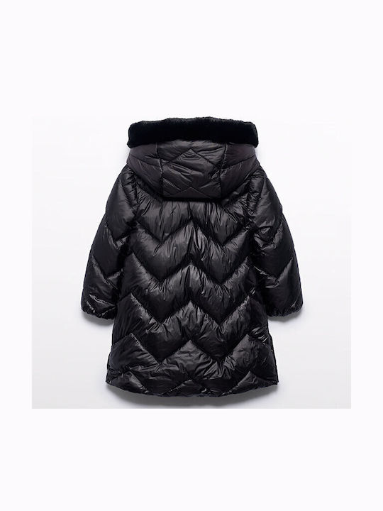 Kids Quilted Long Coat with Hood Black