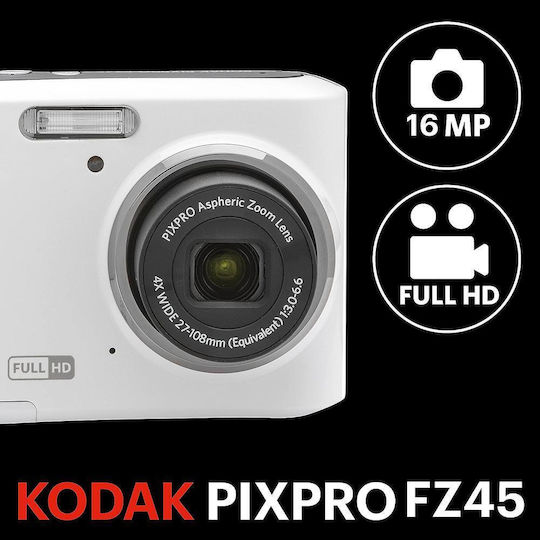 Kodak PIXPRO FZ45 Friendly Compact Φωτογραφική Μηχανή 16MP Οπτικού Ζουμ 4x με Οθόνη 2.7" Λευκή