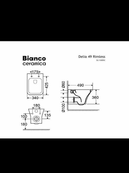 Bianco Ceramica Delia Λεκάνη Κρεμαστή Rimless με Slim Κάλυμμα Soft Close Λευκή