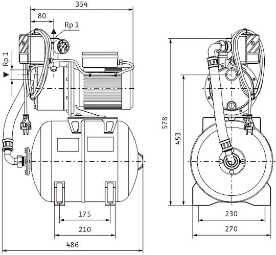 Wilo 2986340 O singură etapă Cu o singură fază Pompa de presiune pentru apă cu rezervor de 25lt litri 1.3hp