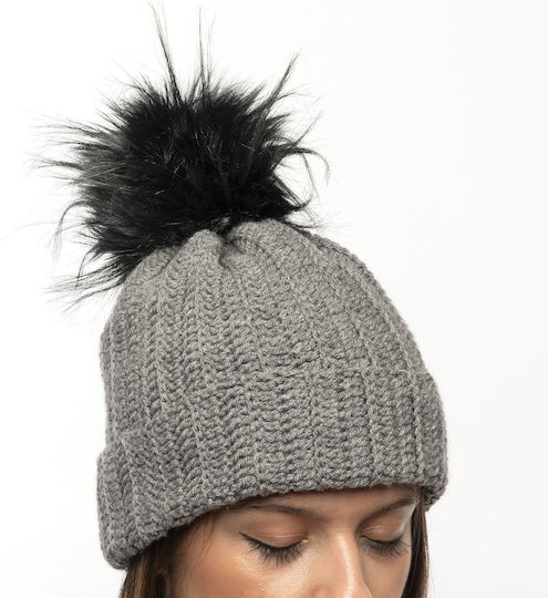 Pom Pom Beanie Γυναικείος Σκούφος Πλεκτός σε Γκρι χρώμα