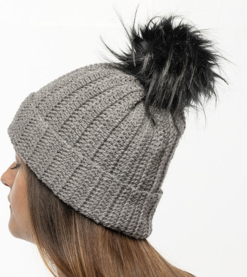 Pom Pom Beanie Γυναικείος Σκούφος Πλεκτός σε Γκρι χρώμα