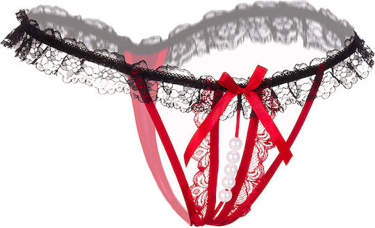 Sexy Crotchless Pearl Massage Lace Panty T-Back Red